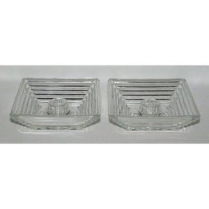 Anchor Hocking MANHATTAN Horizontal Ribbed Crystal Pair Square Candle Holders